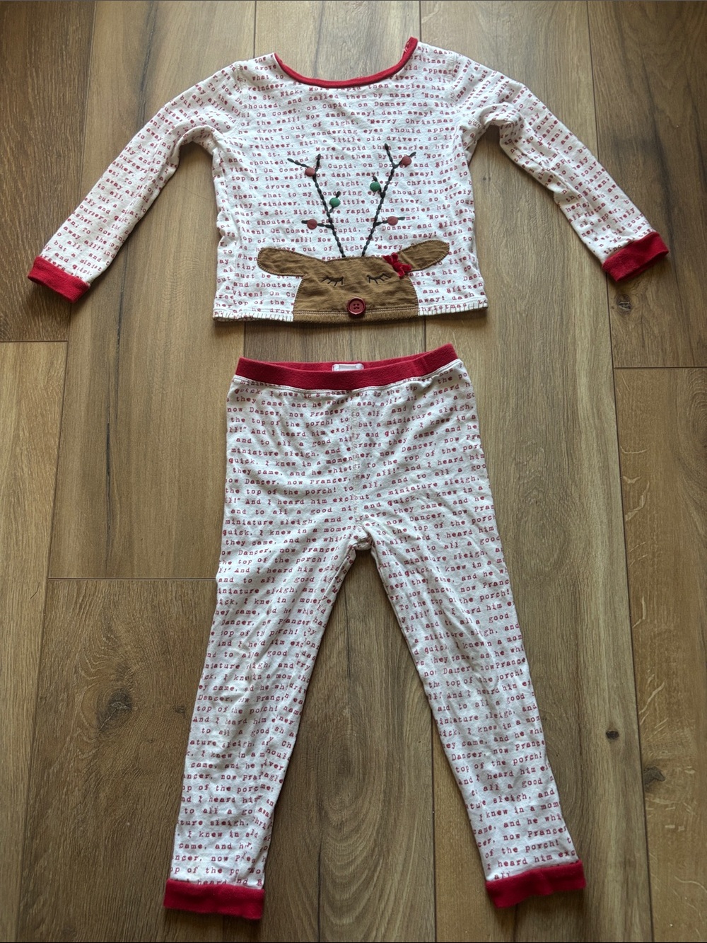 Kids Reindeer Print Pajama Set - Red Trim
